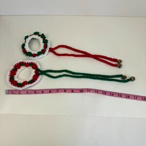Vtg Handmade Crocheted Holiday Christmas Yarn Doorknob Hanging w Bells Red Green
